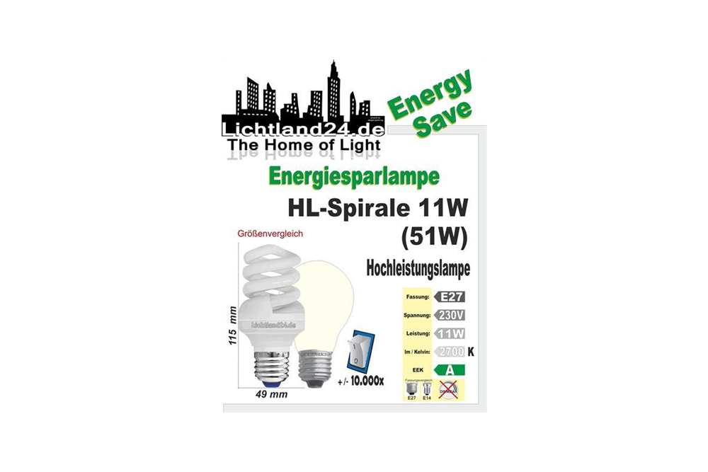 E27 - Hochleistungs-Spirale Energiesparlampe - 11 Watt HQ