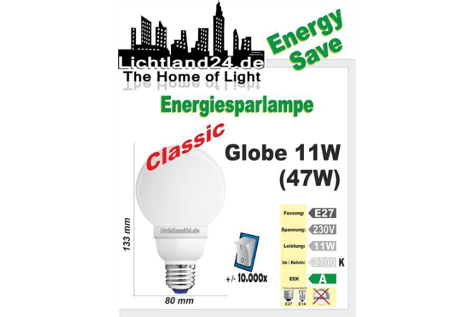 E27 - Qualit&auml;ts Classic Globe Energiesparlampe - 11...