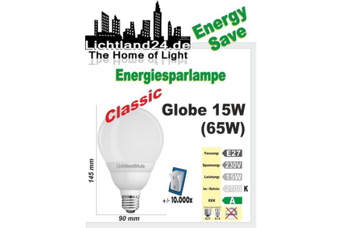 E27 - Qualit&auml;ts Classic Globe Energiesparlampe - 15...