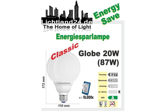 E27 - Qualit&auml;ts Classic Globe Energiesparlampe - 20...