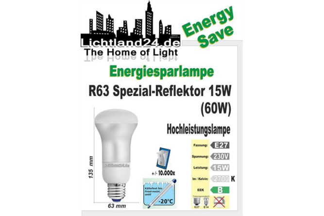 E27 - Hochleistungs-Reflektor R63 Energiesparlampe - 20...