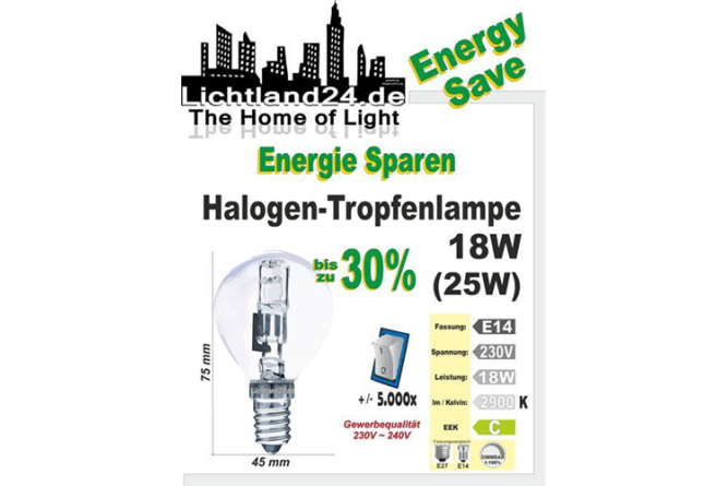 E14 - Halogen Energy Save Tropfenbirne 18 Watt - wie...