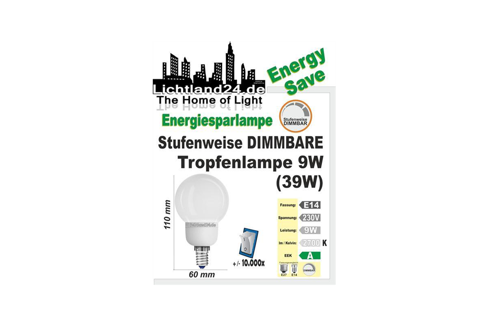 E14 - Stufenweise dimmbare Energiesparlampe Mini-Globe 9 Watt
