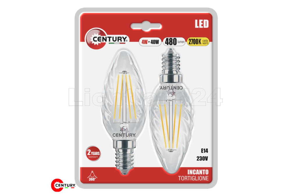 E14 LED Filament Kerze gedreht - INCANTO - 4W (= 40W) 2700K - 2er Blister